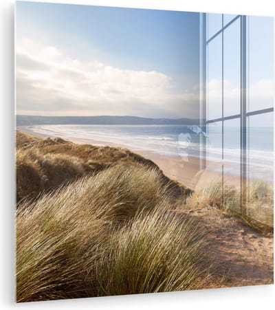 MuchoWow® Glasschilderij 20x20 cm - Schilderij acrylglas - Zee - Duin - Planten - Foto op glas - Muurdecoratie woonkamer - Wanddecoratie slaapkamer - Schilderijen