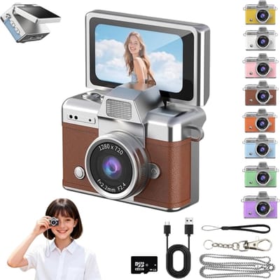 Fotocamera - Compact Camera - Voor Kinderen - Retro-Mini-Digitale-Camera - Sleutelhanger-Camera - 1080P-Full-HD - 0.96-Inch-IPS-Scherm - Inclusief-64GB-Kaart - 6-Filters - Vakantiecadeaus - bruin