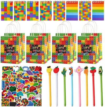 Dailygoods- Bouwstenen Verjaardag Cadeautje Set - 74 Stuks - Geschenkzakjes - Notitieboeken - Geheime Pennen - Feestversiering - Perfect voor Feesten - Feestartikelen