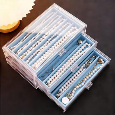 Sieradenopbergdoos voor kettingen, acryl organizer met fluwelen lade, stofdichte houder voor dames en meisjes (blauw, 3 lades)