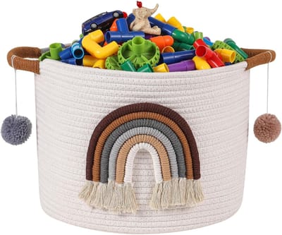 Opbergmanden voor kinderen, katoenen touw mand met 3D regenboog decor, deken mand voor woonkamer, speelgoed organizer, geweven baby opbergmand, wasmand, speelgoedmand, koffiekleur