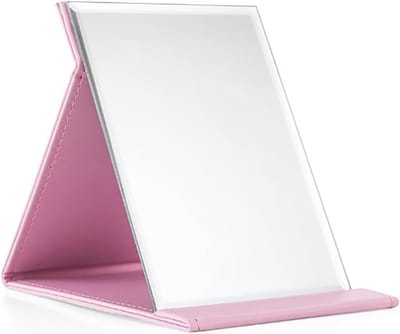 Grote Opvouwbare Make-up Spiegel van PU Leer 25 * 18 cm - Draagbare Rectangulaire Spiegel voor Thuis, Reizen en Kamperen (Roze)