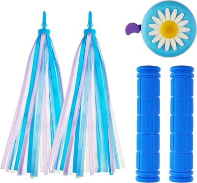 Fiets Accessoires Set - Stuur Streamers Bel - Kinderfiets Versieren - Eenvoudige Montage - 120mm Handvatten - Lichtblauw
