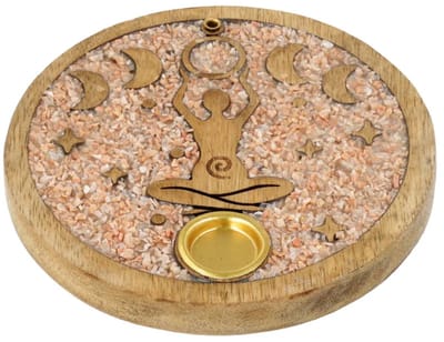 Wierookkegelhouder Godin maanfasen roze maansteen mangohout - ± 10 cm