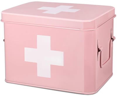 EHBO-doos organizer, lege 8,5 inch roze vintage EHBO-kit tinnen metalen medische doos EHBO-opbergdoos containerbakken met verdelers, verwijderbaar dienblad en kruislogo