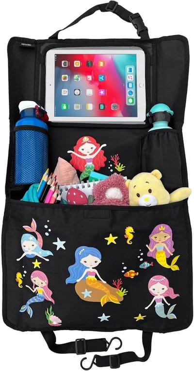 Famanu – Organizer voor de rugleuning van de auto - voor kinderen - met verstelbare tablettas en touchscreenfolie tot 20 inch - zeemeermin - universeel - 70 x 45 cm - thermische tas + rekbaar net