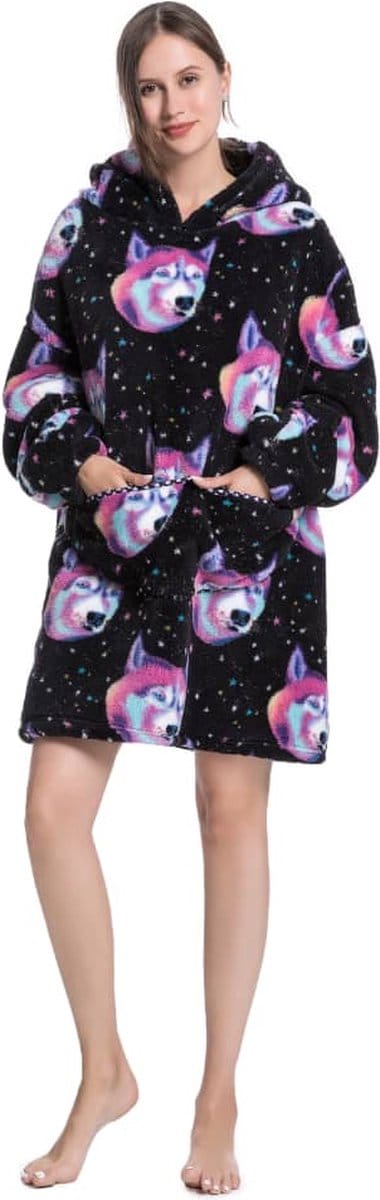 Badrock Hoodie deken - Wolf/Husky fleece deken met mouwen en capuchon – fleece hoodie – fleece kleed met capuchon en mouwen – maat XS t/m XL – TV plaid met mouwen - 90 cm - chillen – relax outfit – zwart