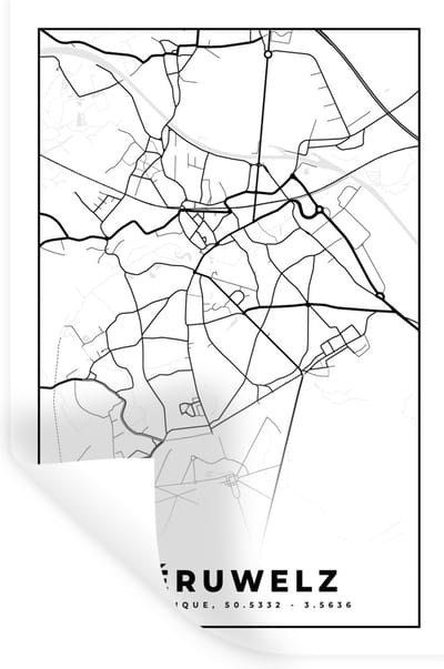 Muurstickers - Sticker Folie - Plattegrond – Péruwelz – Zwart Wit – Stadskaart - Kaart - België - 20x30 cm - Plakfolie - Muurstickers Kinderkamer - Zelfklevend Behang - Zelfklevend behangpapier - Stickerfolie