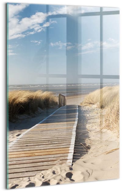 Wallfluent Glasschilderij - Uitzicht op het strand en de zee Schilderij Glas - 40x60 cm - Veelkleurig Verticale Muurschildering - Landschap Glas Foto - Glas Schilderij - Foto Glas