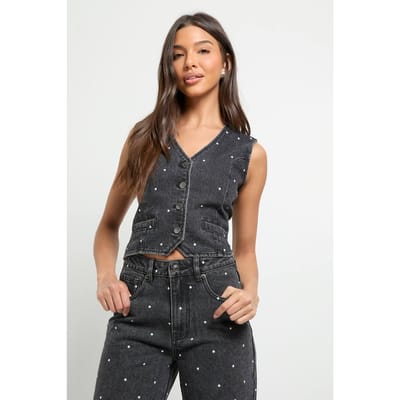 boohoo Dames Denim Gilet met Studs | Washed Black | Maat: 6