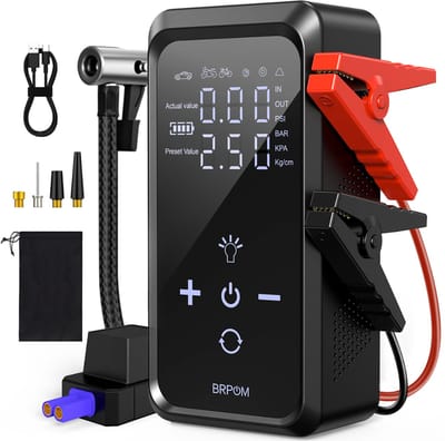 BRPOM Jumpstarter 12V 4500A – Accu Booster met Compressor 10 BAR – Startbooster voor Auto, Motor, Camper & SUV – Powerbank 26800 mAh – LED SOS Noodverlichting