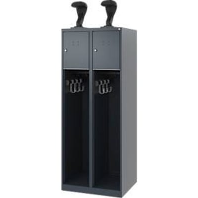 Brandweerkluis C+P Evolo Youngster, 2 vakken, met helmhouder, vloerglijders, B 600 x D 500 x H 1530 mm, RAL 7016 antracietgrijs