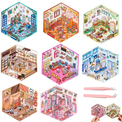 Dailygoods - Set van 8 stuks 3D-stickers voor thuis, creatieve en stapelbare scènes, voor het bouwen van huizen, cafés, bakkerijen, met pincet, scrapbooking, dagboek, voor volwassenen en jongeren
