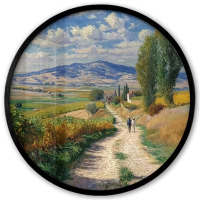 Poster in lijst Rond - Fotolijst 40x40 cm - Posters - Mensen - Wandelen - Zandpad - Velden - Ronde posterlijst zwart - Decoratie - Wanddecoratie woonkamer - Muurdecoratie slaapkamer