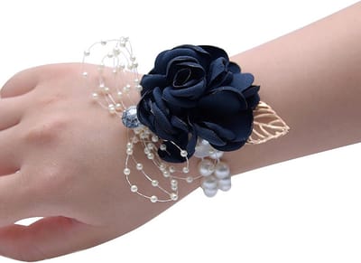 Pols Corsage - Bloem Speld - Feestelijke Gelegenheid - Met Parel Armband - 7 x 9 cm - Donkerblauw