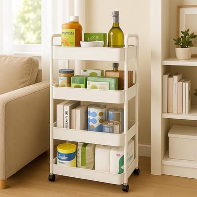 Multifunctionele 4-laags rolkar met handvat en slotbare wielen, ideaal voor kantoor, badkamer, woonkamer en keuken, ruimtebesparende opbergoplossing