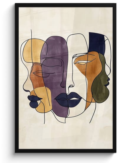Poster in lijst - Fotolijst 60x90 cm - Posters - Abstract - Overlappende gezichten - Paars - Donkergroen - Posterlijst zwart - Decoratie - Wanddecoratie woonkamer - Muurdecoratie slaapkamer