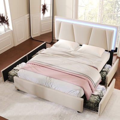 STILVORA Gestoffeerd Bed 140x200 cm - Verstelbaar Hoofdeinde Met LED En Afstandsbediening - Met 4 Ruime Lades - Linnen Bekleding - Beige - Met matras
