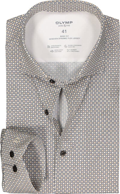 OLYMP 24/7 Level 5 body fit overhemd - tricot - beige met wit en blauw dessin - Strijkvriendelijk - Boordmaat: 38