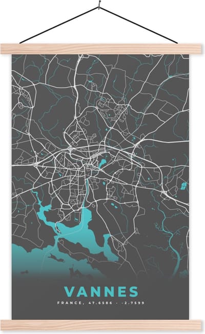 Posterhanger incl. Poster 40x60 cm - Schoolplaat - Plattegrond - Kaart - Stadskaart - Vannes - Frankrijk - Textielposter - Blanke latten - Stadskaart