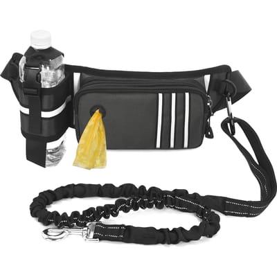 Handsfree Hondenriem Heuptas Reflecterend Heuptasje met Intrekbare Bungees Poepzakjesdispenser grijs