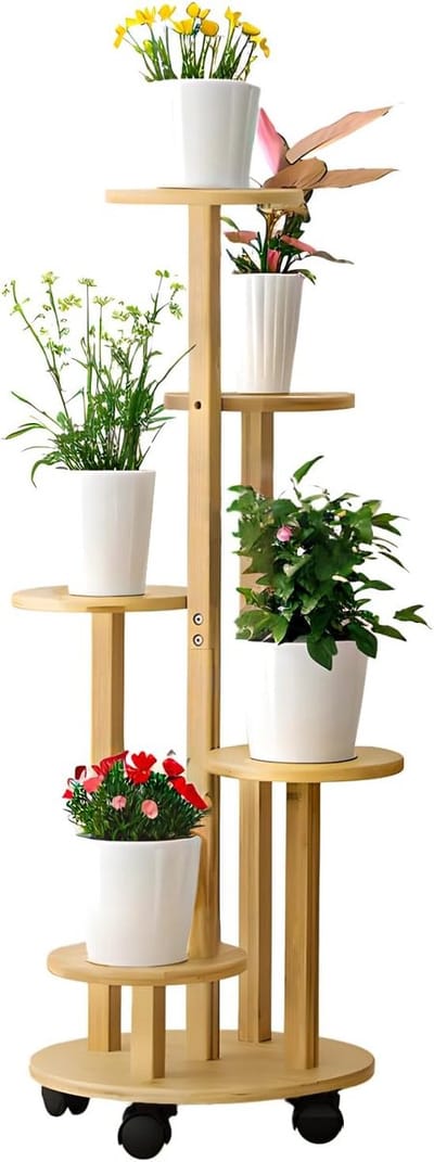 Bamboe Binnen, Bloementrap met Wieltjes, 90CM Bloemenstandaard Balkon 5 Niveaus Rond Vrijstaand Bloemenrek voor Woonkamer Kantoor Tuin, Ø 19 CM