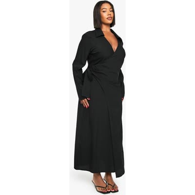 boohoo Dames Plus Maxi-jurk met kraag en zijstrik | Zwart | Maat: 46