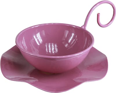 Decoratieve metalen kop met schotel, roze, H8cm Ø11,5cm, 2 stuks, 2 St