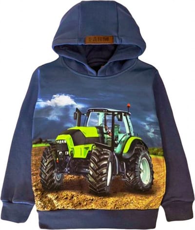 Sweater Hoodie trui met groene tractor Deutz trekker Kleur blauw maat 122/128 Heel mooi!