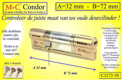 M&C Condor - High Security deurcilinder - SKG*** - 32x72 mm - Politiekeurmerk Veilig Wonen  -  inclusief gereedschap montageset