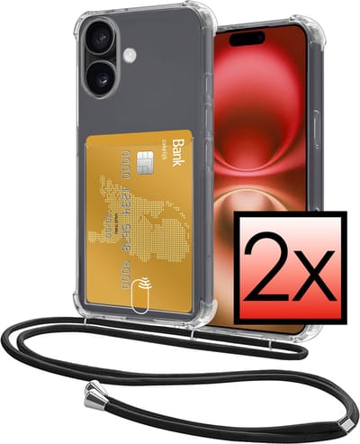 Hoes Geschikt voor Apple iPhone 16 Hoesje Pasjeshouder Cover Met Koord Shock Proof Case Siliconen Hoes Met Telefoonkoord en Kaarthouder - Transparant - 2 PACK