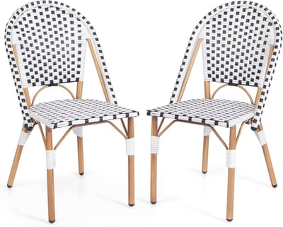 Tuinstoelen set van 2, bistrostoel rotan voor buiten, rotan stoel met armleuningen & rugleuning, stapelbare balkonstoel buiten met metalen frame, draagvermogen 150 kg