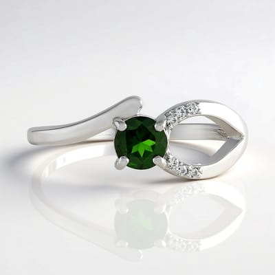 Cavill - Ronde Russische Diopsied 0 42 ct & Cambodjaanse Zirkonia 0 057 ct - 925 Zilver - Platina Plating - Elegante Groene Edelsteen Ring Maat 17