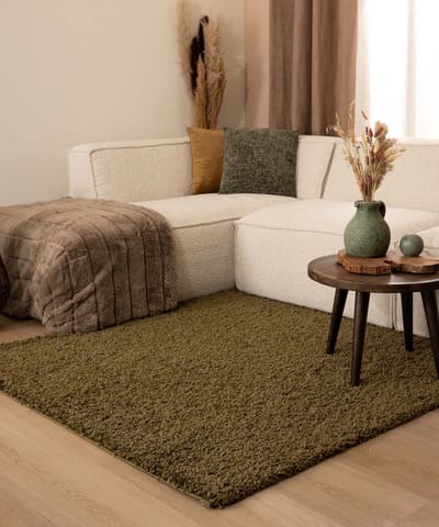 Vierkant hoogpolig vloerkleed - Shaggy Trend olijfgroen 300x300