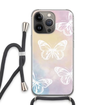 Case Company® - Hoesje met koord geschikt voor iPhone 13 Pro hoesje met Koord - White butterfly - Telefoonhoesje met Zwart Koord - Bescherming aan alle Kanten en Over de Schermrand