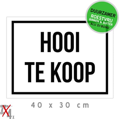 Bord/ aanbieding Dibond | "Hooi te koop" | 40 x 30 cm | Gedroogd gras | Maaigras | Landbouw | Duurzaam | 1 stuk