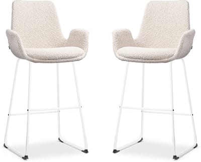 Nolon Nino-Eef Barkrukken Set van 2 Bouclé Beige - met Armleuning - Wit Onderstel - 75 cm - Barkruk met Rugleuning - Lage Armleuning - Scandinavisch
