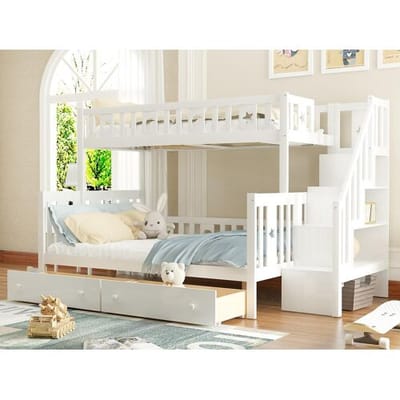 ModernLuxe Massief houten stapelbed 90x200+140x200cm - met opbergtrap en 2 lades - 2 lattenbodems - Wit