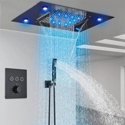 Compleet douchesysteem zwart mat, 49 x 35 cm Regendouche, Thermostatisch douchesysteem, Vierkante douchekop met handdouche, Afstandsbediening‌