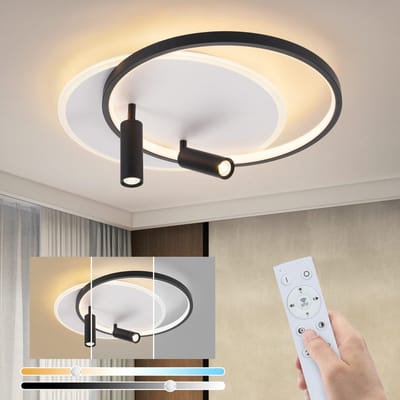 NETTLIFE Plafondlamp LED – Rond - Zwart en Wit – 2-lichts – met 2 Spot - Metaal – Dimbaar - 52W - Moderne Plafondverlichting – Met Afstandsbediening – voor Woonkamer | Slaapkamer | Eetkamer – 50cm