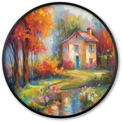 Poster in lijst Rond - Fotolijst 60x60 cm - Posters - Landschap - Kleurrijk - Olieverf - Kunst - Ronde posterlijst zwart - Decoratie - Wanddecoratie woonkamer - Muurdecoratie slaapkamer