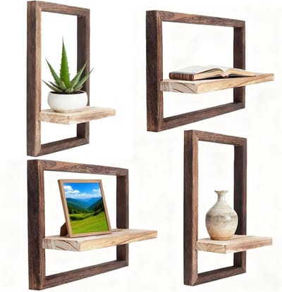 Set van 4 Wandplanken van Hout, Drijvende Planken voor Woonkamer en Slaapkamer, Decoratieve Opbergoplossingen voor Thuis en Kantoor