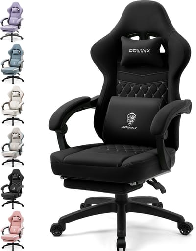 Dowinx Gamingstoel van Stof - Bureaustoel met Pocketvering - Ergonomische Gamestoel met Hoofdsteun, Massage-Lendenkussen en Voetensteun - Zwart