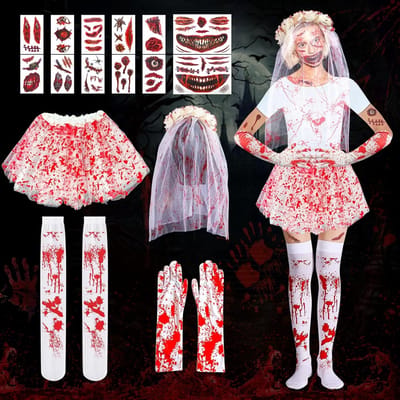 Halloween Bloed Kostuum Decoratie Set met 16 Accessoires, Bloederige Bruidsluier, Tutu Rok, Handschoenen en Tatoeages voor een Griezelige Look