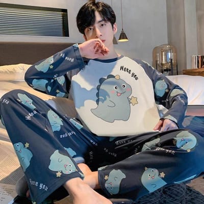 Katoenen Pyjama Heren Lange Mouw Jeugd Plus Size Pyjama Thuiskleding Ronde Hals Cartoon Dinosaurus Pyjama Thuiskleding L white