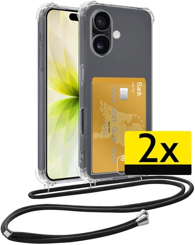 Hoesje Geschikt voor iPhone 17 Telefoonhoesje Met Koord Case Pashouder Siliconen - Hoes Geschikt voor iPhone 17 Hoesje Met Kaarthouder - Transparant - 2 Stuks