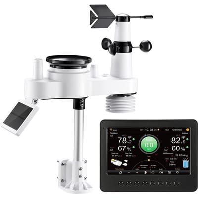 Station Météo Wi-Fi 7-en-1, Écran TFT de 177,8 mm, Capteur Extérieur Sans Fil Alimenté par Solaire, Pluviomètre, Intérieur Extérieur pour Prévisions Météo, Vitesse du Vent
