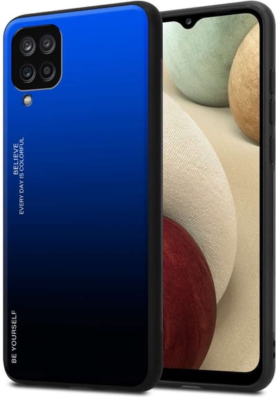 Cadorabo Hoesje geschikt voor Samsung Galaxy A12 / M12 in BLAUW - ZWART - Tweekleurige beschermhoes van TPU-silicone Case Cover en achterzijde van gehard glas
