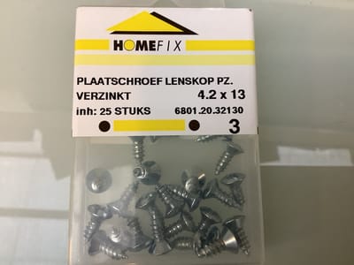 Plaat schroef. Hout schroeven. 4.2 x 13 mm. Lang. Verzinkt. Lens kruis kop.25 stuks. homefix.