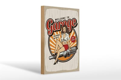Holzschild Spruch Pinup Welcome to Garage Mechanic on 20x30cm